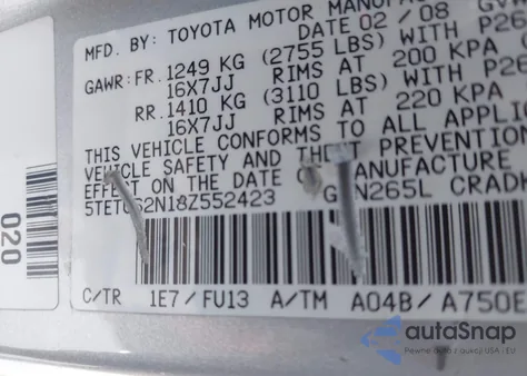 2008 Toyota Tacoma Prerunner V6 from USA, damaged, VIN 5TETU62N18Z552423